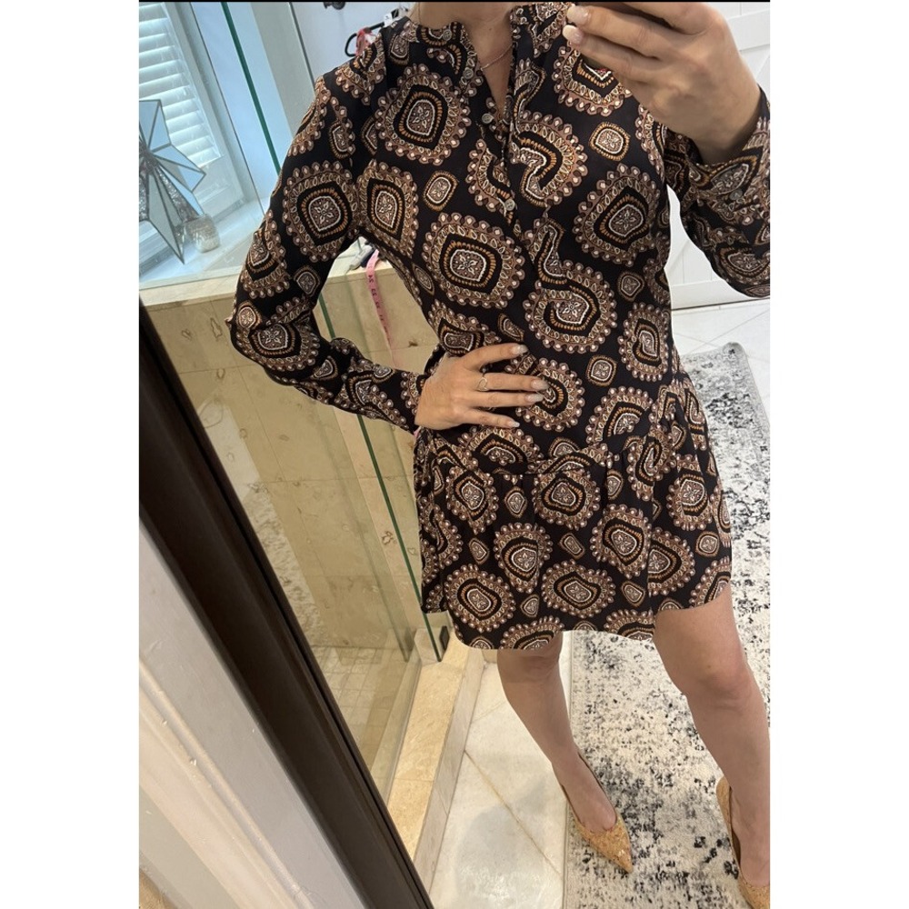 Ann Taylor LOFT Women Navy Yellow Beige Drop Waist Boho Paisley Dress XS